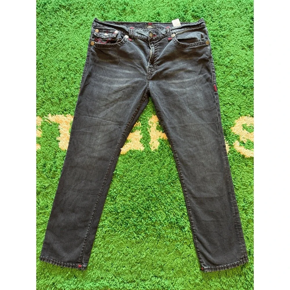 True Religion Geno Jeans Mens 42 Black Excellent Red Stitch Straight Leg Denim